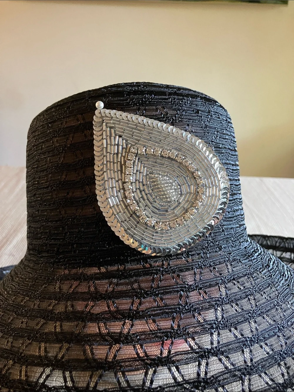 Elegant Black Wide-Brim Hat with Silver Rhinestone Beaded Sequined Accent